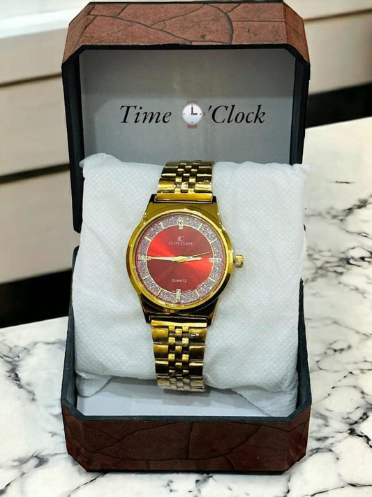 Men's Golden Analogue Watch with Red Dial