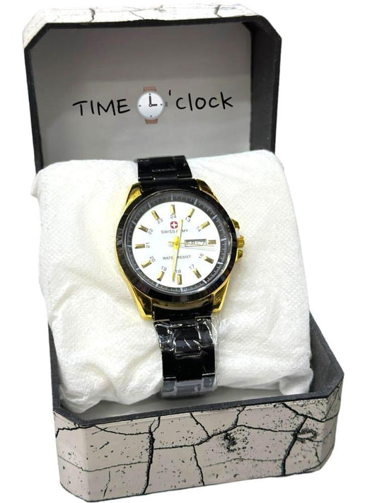 Men's Golden Dial Watch with Black Strap/Case and Brown Accents